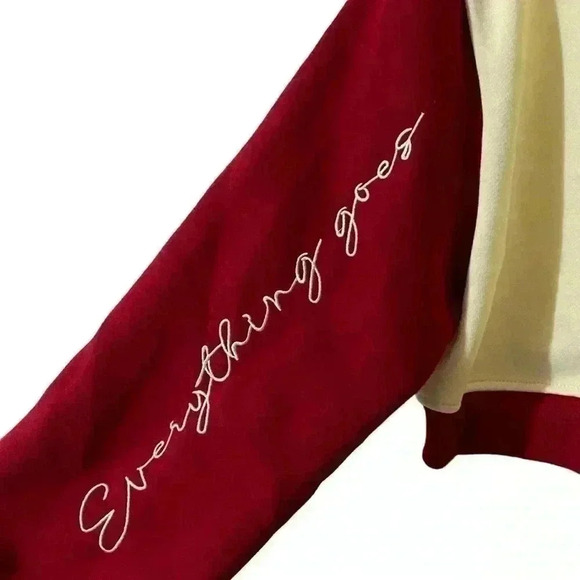 ACED IT Cropped Varsity Jacket M Cream Sporty Letterman Patches Academia NWT - Picture 5 of 10